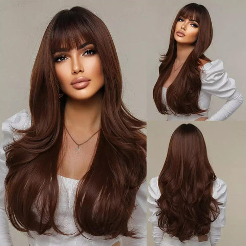 Long Wavy Lace Wig with Bangs - Anellace Long Wavy Lace Wig with Bangs - Anellace