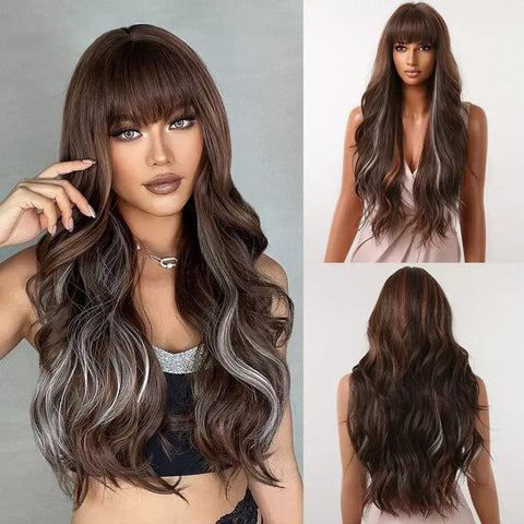 Long Wavy Lace Wig with Bangs - Anellace Long Wavy Lace Wig with Bangs - Anellace