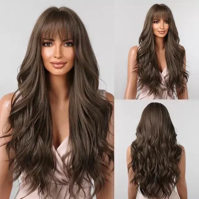 Long Wavy Lace Wig with Bangs - Anellace Long Wavy Lace Wig with Bangs - Anellace