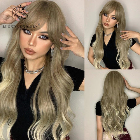 Long Wavy Lace Wig with Bangs - Anellace Long Wavy Lace Wig with Bangs - Anellace
