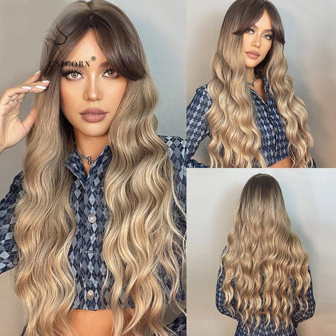 Long Wavy Lace Wig with Bangs - Anellace Long Wavy Lace Wig with Bangs - Anellace