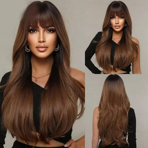 Long Wavy Lace Wig with Bangs - Anellace Long Wavy Lace Wig with Bangs - Anellace