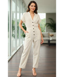 Women's Tailored Linen Blend Jumpsuit with Short Sleeves | Cela