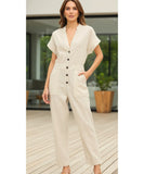 Women's Tailored Linen Blend Jumpsuit with Short Sleeves | Cela
