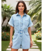 Women's Short Denim Romper with Belt and Pockets | Dora