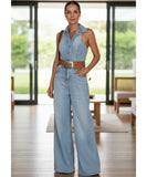 Women’s Wide Leg Denim Jumpsuit with Shirt Collar | Rosae