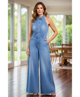 Women’s Wide Leg Denim Jumpsuit with Shirt Collar | Rosae