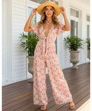 Comprar macacão feminino longo estampado floral manga curta amarração cintura pantalona viscose verão boho barato ANELLIMN