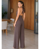 Women's halter jumpsuit with open back, back view