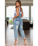 Comprar macacão jeans feminino jardineira oversized com bolsos e alças ajustáveis casual confortável barato