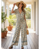 Comprar macacão longo feminino estampado floral perna pantalona cintura ajustável casual boho em promoção