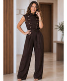 Women's chocolate brown jumpsuit with high collar and gold buttons