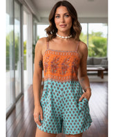 Comprar macaquinho feminino estampado floral alças ajustáveis verão boho laranja turquesa barato ou em promoção ANELLIMN