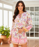Comprar macaquinho feminino estampado floral manga longa com amarração casual verão barato FARM