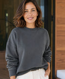 Women's charcoal fleece lined crew neck sweatshirt, front view