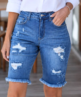 Women's High Waisted Ripped Denim Knee Length Shorts | Emi
