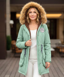 Women's fur hood parka in kelly green, front view