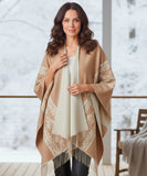 Women's aztec print ruana wrap in camel with fringe hem, front view