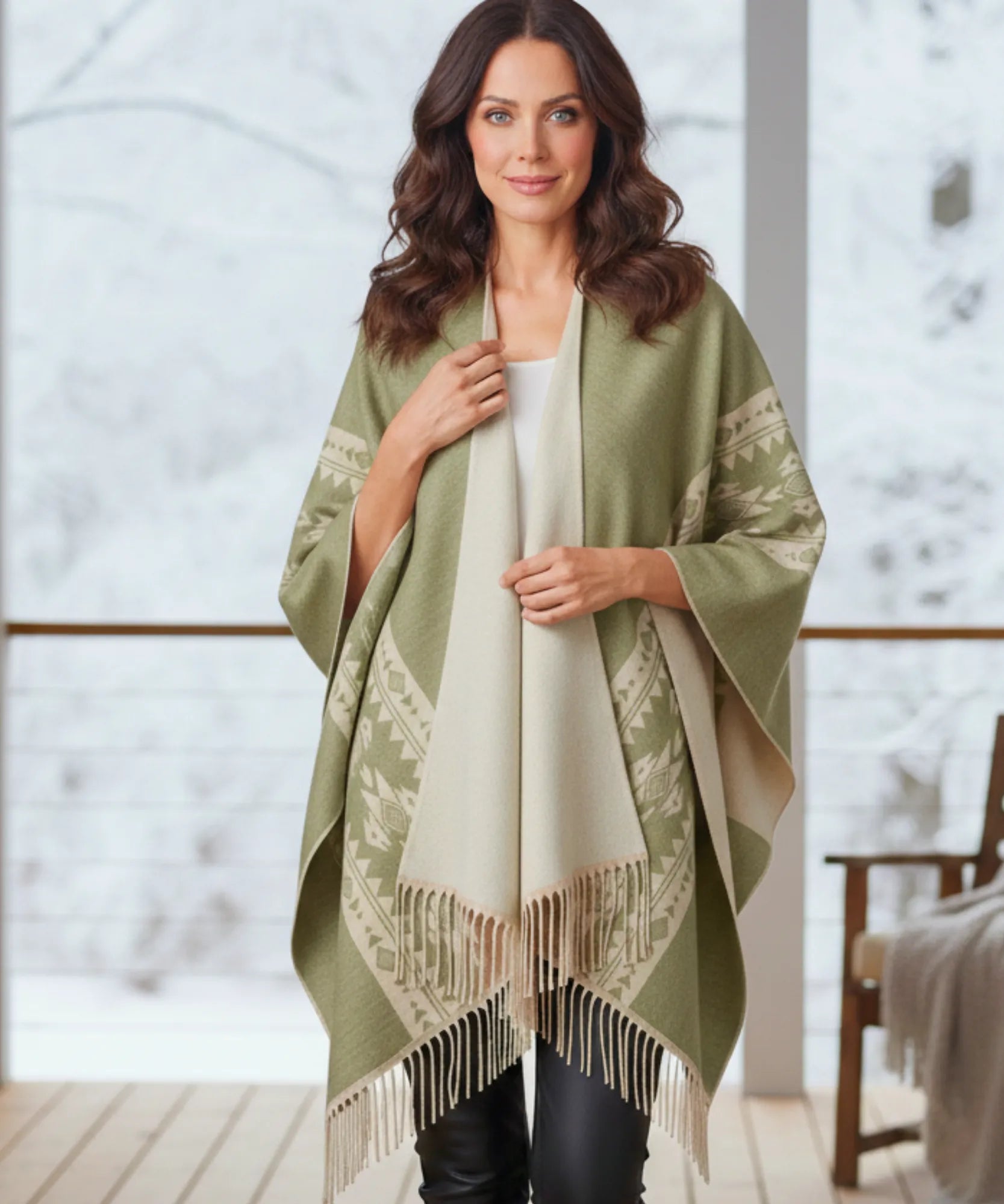 Women's Aztec Print Ruana Poncho Wrap with Fringe – Anellace