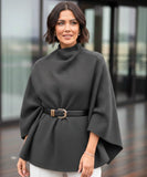 Women's charcoal grey mock-neck sweater poncho, front view