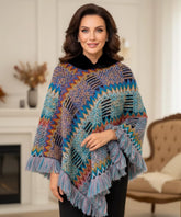 Women's boho poncho sweater with fur-trim collar, front view