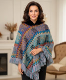 Women's boho poncho sweater with fur-trim collar, front view
