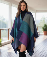 Women's navy colorblock ruana wrap, front view