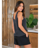 Women's ribbed tank top in charcoal, back view with black shorts