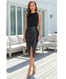 Women's Leather Midi Skirt with High Waist and Side Slit | Rossi