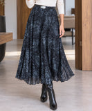 Women's black marble print midi skirt with a flared hem