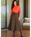 Women's brown plaid midi skirt, button and fabric detail close-up