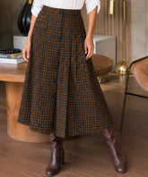 Women's brown plaid button-front midi skirt, front view