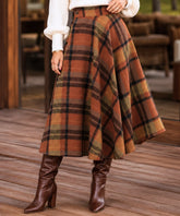 Women's terracotta wool plaid A-line midi skirt, front view
