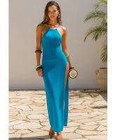 Comprar saída de praia longa malha lurex com fenda lateral e costas abertas feminina em promoção ANELLIMN