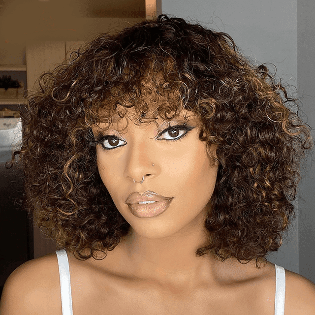 Short Curly Lace Front 100% Human Hair Wig with Bangs - Anellace Short Curly Lace Front 100% Human Hair Wig with Bangs - Anellace