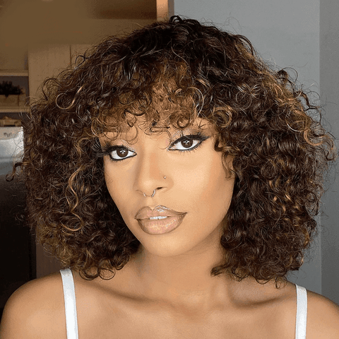Short Curly Lace Front 100% Human Hair Wig with Bangs - Anellace Short Curly Lace Front 100% Human Hair Wig with Bangs - Anellace