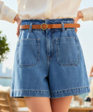 Comprar shorts jeans feminino azul cintura alta com cinto bolsos frontais algodão barra dobrada em promoção ZARA