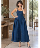 Women's Denim Midi Dress with Open Back Tie and Full Skirt | Belis