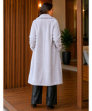 Women's long teddy coat in grey, front view