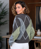 Women's Argyle V-Neck Sweater in Sage Green, full length view