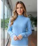 Women's Cable Knit Mock Neck Sweater in Light Blue, a structured knit for winter