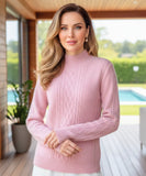 Women's Cable Knit Mock Neck Sweater in Pink, a structured knit for winter