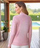 Women's Cable Knit Mock Neck Sweater in Pink, a structured knit for winter