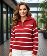 Women's Striped Quarter-Zip Sweater in Red, a ribbed knit for cooler days