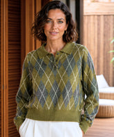 Women's Mohair-Effect Polo Sweater in Moss Green, front view