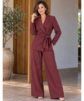 Women's pantsuit set in Mahogany with wrap blazer and wide leg pants