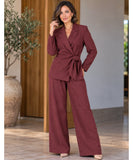 Women's pantsuit set in Mahogany with wrap blazer and wide leg pants