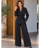 Black pantsuit set with high-waisted wide leg pants, full length look