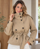 Women's short trench coat in khaki with funnel neck and tie belt
