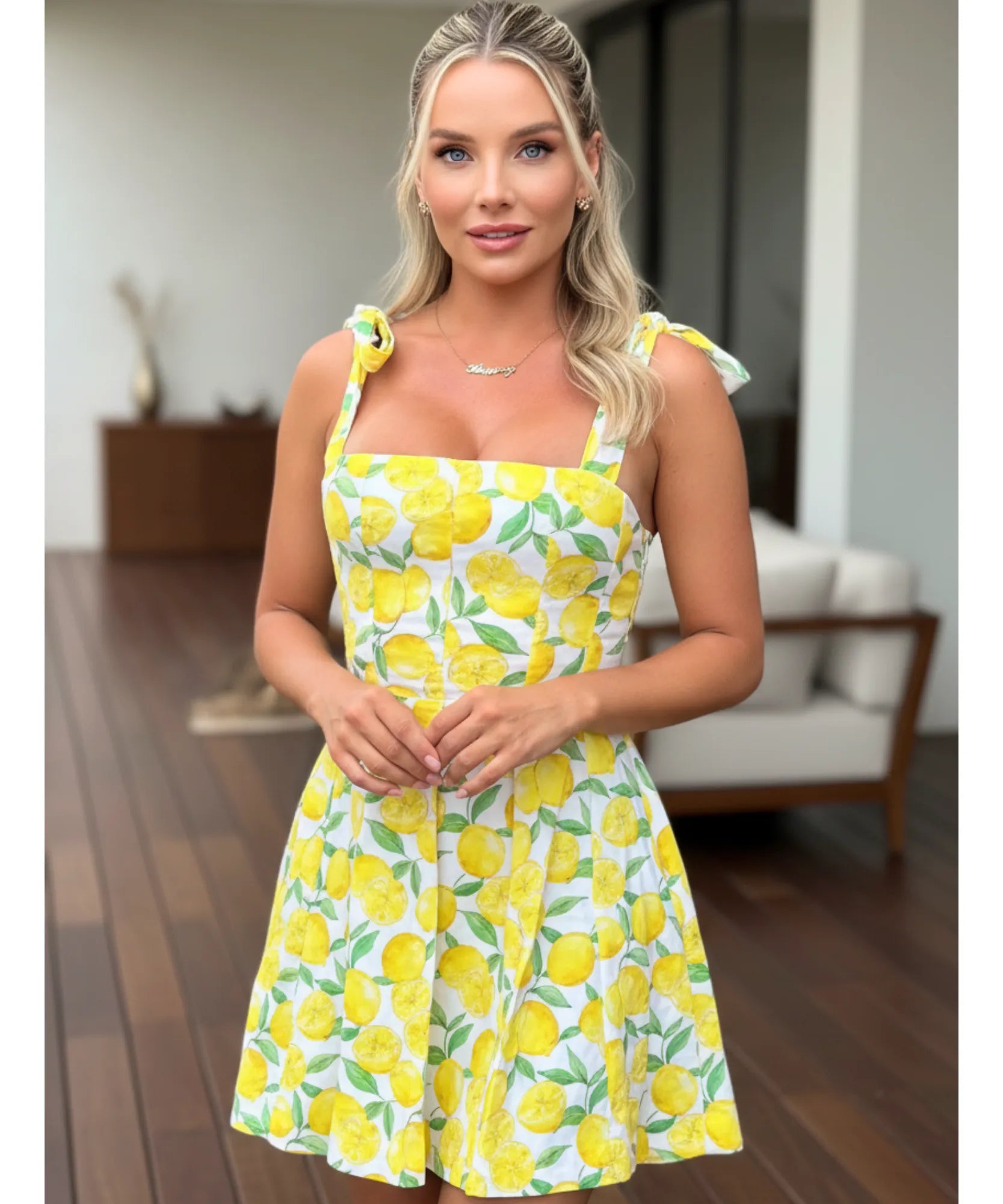 Women's boho mini dress in yellow fruit print, front view